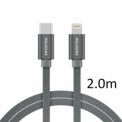 SWISSTEN kabel USB-C Lightning textilní 2m 3A stříbrná (vhodné do aut)