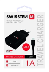 SWISSTEN adaptér 230V/1A 1xUSB + USB-C kabel 1,2m ČERNÁ 