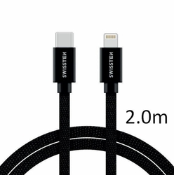 SWISSTEN kabel USB-C Lightning textilní 2m 3A černá (vhodné do aut)