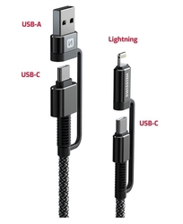 SWISSTEN kabel USB 4v1 USB-C Lightning USB-A USB-C kevlarový 1,5m 3A 60W antracitová 