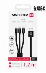 SWISSTEN kabel USB 3v1 USB-C + USB-C + Lightning 1,2m černá 