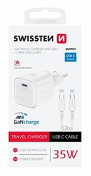 SWISSTEN mini adaptér GaN 230V 35W POWER DELIVERY 1xUSB-C + USB-C kabel 1,2m BÍLÁ 