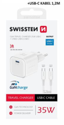 SWISSTEN mini adaptér GaN 230V 35W POWER DELIVERY 1xUSB-C + USB-C kabel 1,2m BÍLÁ 