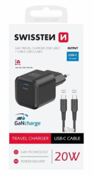 SWISSTEN mini adaptér GaN 230V 20W POWER DELIVERY 1xUSB-C + USB-C kabel 1,2m ČERNÁ 