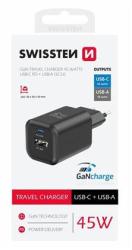 SWISSTEN mini adaptér GaN 230V 45W POWER DELIVERY 1xUSB-C + 1xUSB QC 18W ČERNÁ