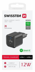 SWISSTEN adaptér 230V/2,4A 12W 1xUSB-C 1xUSB ČERNÁ 