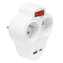 Ecolite XQFZBK-01/3 rozbočka 2x kulatá s vypínačem + 1xUSB, 1xUSB-C 