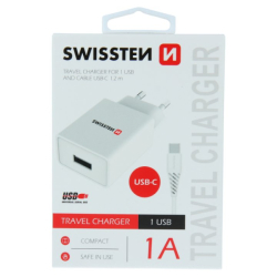 SWISSTEN adaptér 230V/1A 1xUSB + USB-C kabel 1,2m BÍLÁ