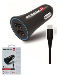 SWISSTEN nabíječ 2xUSB 12V/2,4A ČERNÁ + USB-C kabel 