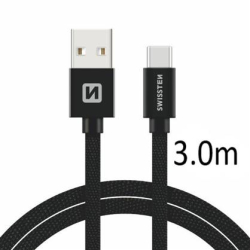 SWISSTEN kabel USB USB-C textilní 3m 3A černá 
