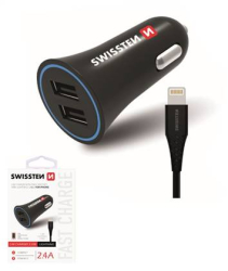 SWISSTEN nabíječ 2xUSB 12V/2,4A ČERNÁ + Lightning kabel 