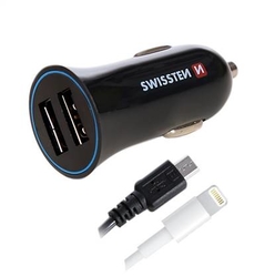 SWISSTEN nabíječ 2xUSB 12V/2,4A ČERNÁ + Lightning a micro USB kabel 