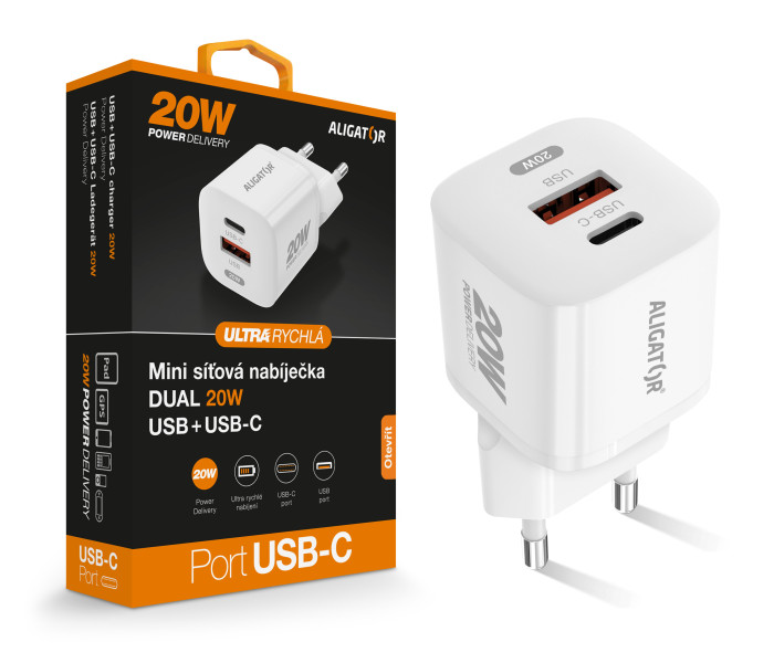 Rychlá nabíječka ALIGATOR Mini, PD 20W USB + USB-C, bílá