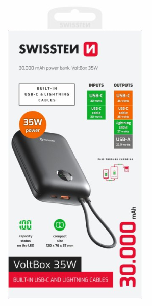 SWISSTEN POWER BANK Voltbox 35W 30000 mAh s integrovanými kabely USB-C a Lightning černá